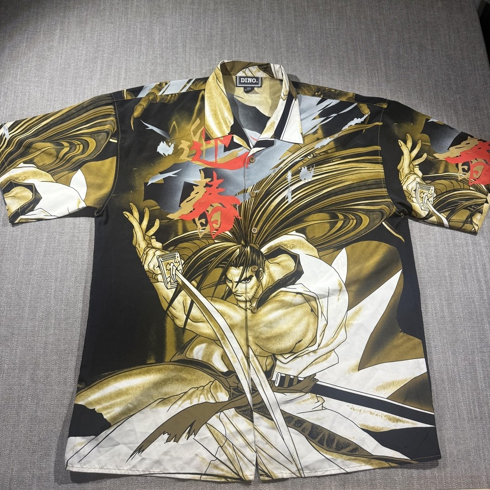 DINO Shirt Mens 3XL Black Gold Haohmaru Anime Samurai Short Sleeve Button Up Y2K